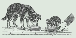 An illustration of a dog and cat eating